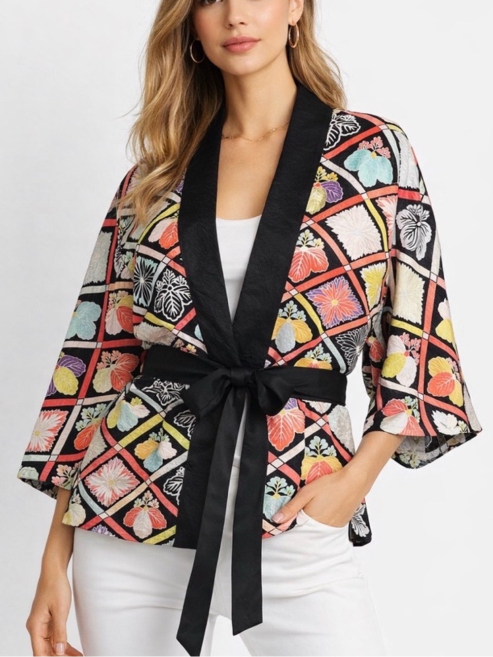 Trina Turk Silk Linen Blend Kimono Jacket Floral Belted